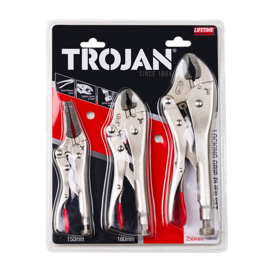 Trojan 3 Piece Locking Plier Set - Chrome Vanadium Steel - 29mm x 6mm x 350mm - Auzzistore