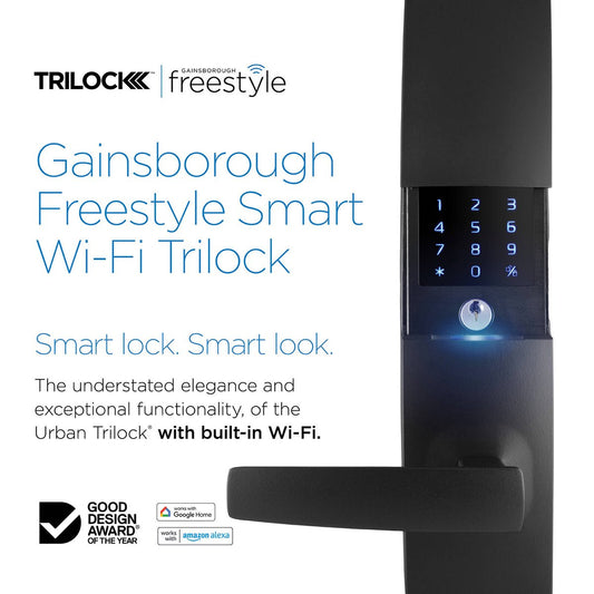 Gainsborough Freestyle Wifi Smart Lock Trilock - Matte Black - 68mm x 238mm - Concealed Keypad - App Control – view 2