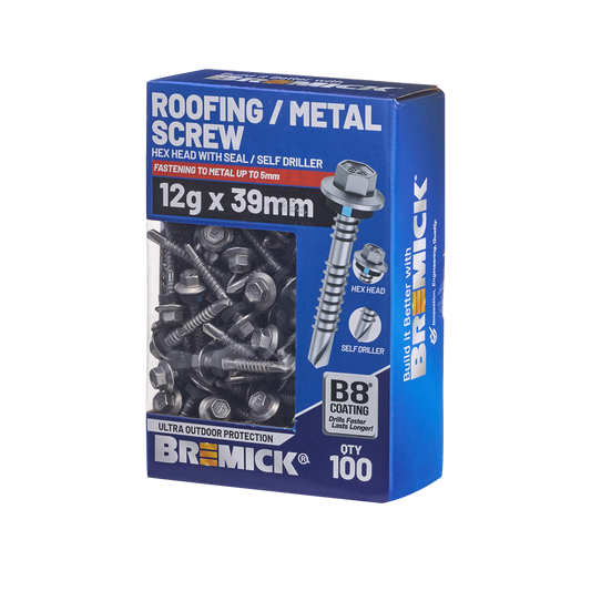 Bremick Hex Roofing Screw 12g x 39mm - B8 - Pack of 100 - Corrosion Resistant - Auzzistore