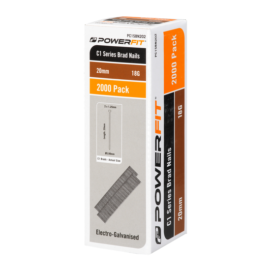 Powerfit 20mm C1 Series Brad Nails - 2000 Pack - Electro-Galvanised - 18 Gauge - Auzzistore