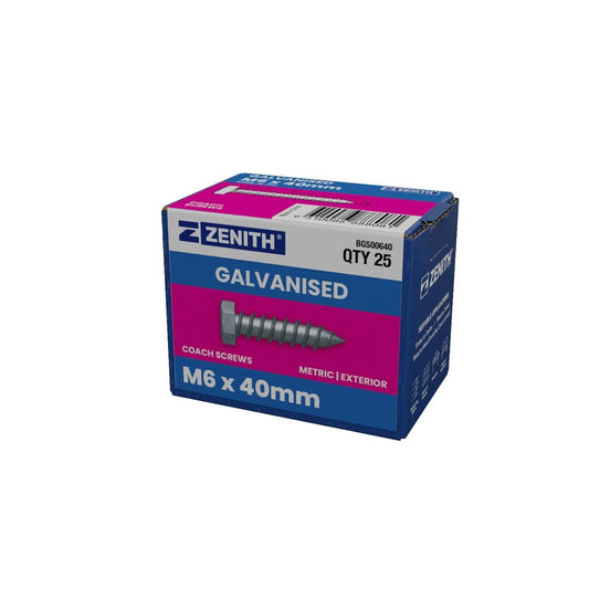 Zenith Hot Dip Galvanised Hex Head Coach Screws M6 x 40mm 25 Pack - Auzzistore