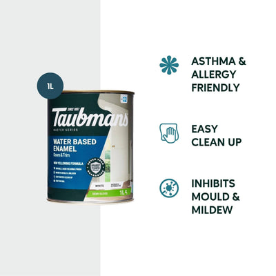 Taubmans 1L White Semi Gloss Water Based Enamel Paint - Easy Clean-Up - Mould Resistant
