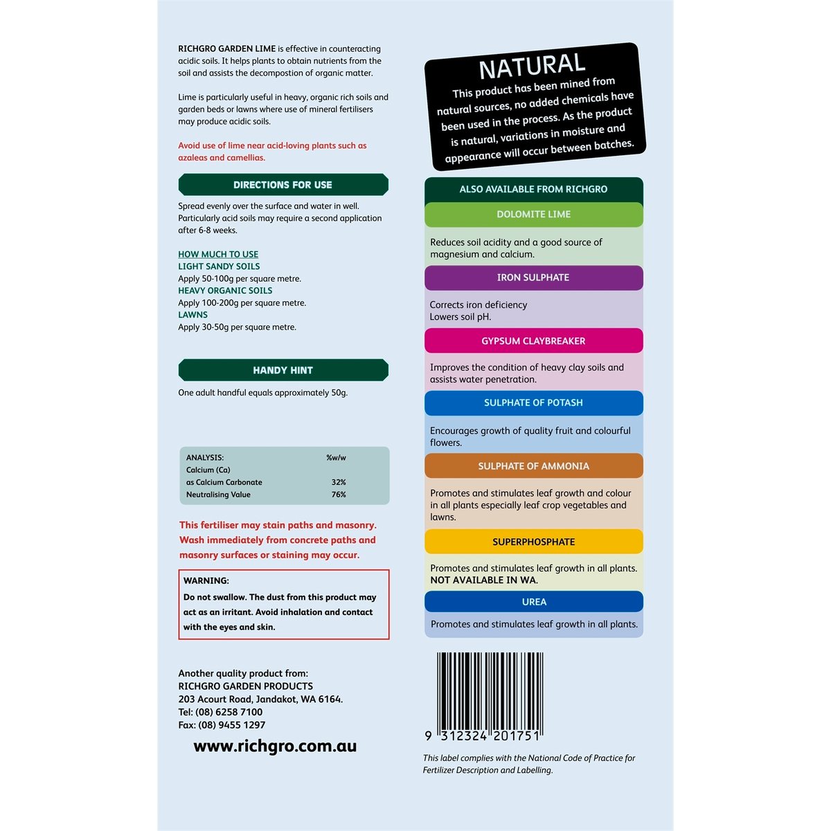 Richgro Natural Garden Lime 2.5kg Granular Soil pH Booster