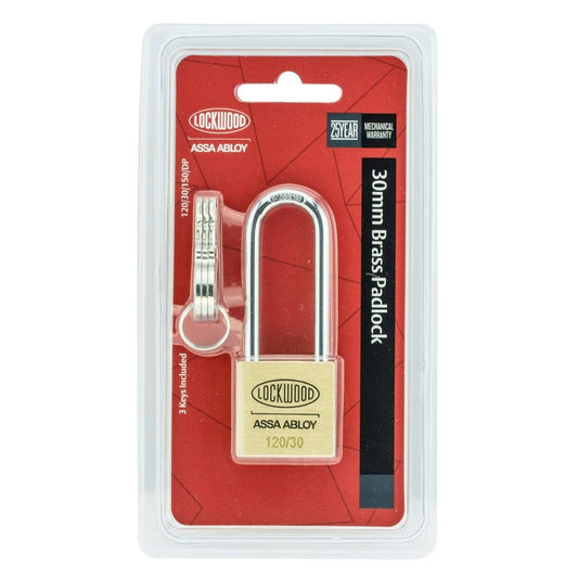 Lockwood Brass Padlock - 30mm - Heavy Duty - Long Shackle - Auzzistore