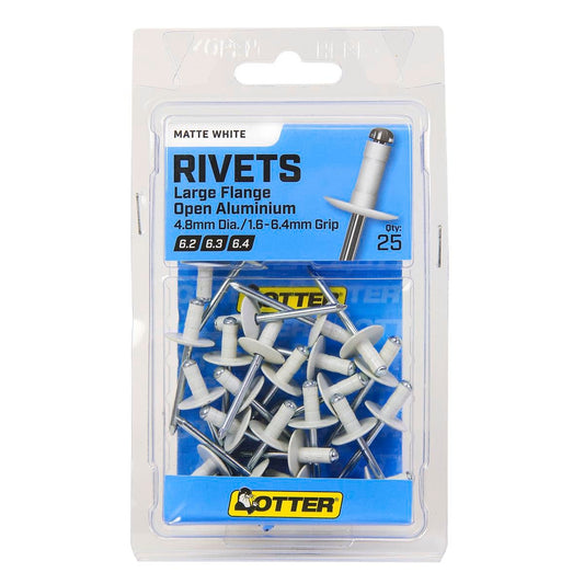 Otter Large Flange Aluminium Rivets 25 Pack 1.6-6.4mm Matte White - Auzzistore