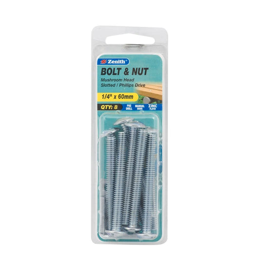 Zenith Mushroom Head Bolt and Nut 1/4 x 60mm Zinc Plated 8 Pack - Auzzistore
