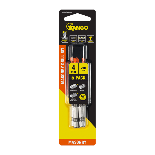 Kango Masonry Drill Bit - 4mm x 90mm - 5 Pack - Durable Carbide Tip - Auzzistore