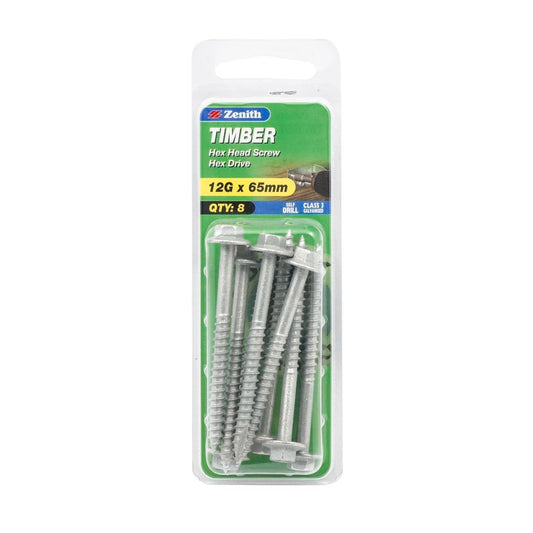 Zenith Timber Screws - 12g x 65mm Galvanised Steel - Self Drilling - 8 Pack - Auzzistore