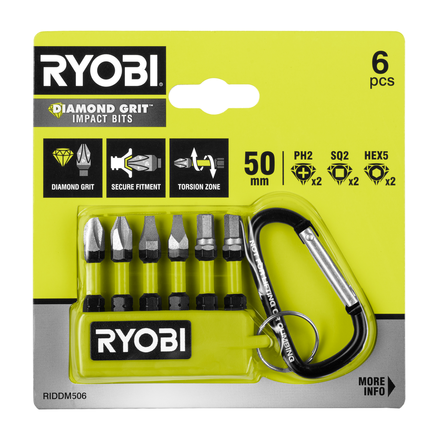 Ryobi 50mm 6-Piece Diamond Grit Impact Driving Bit Set with Torsion Zone