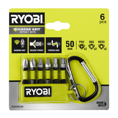 Ryobi 50mm 6-Piece Diamond Grit Impact Driving Bit Set with Torsion Zone