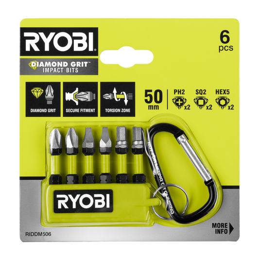Ryobi 50mm 6-Piece Diamond Grit Impact Driving Bit Set with Torsion Zone