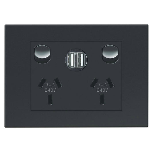 HPM Vivo Double Powerpoint with 2 USB Ports 118mm x 85mm Grey - Auzzistore