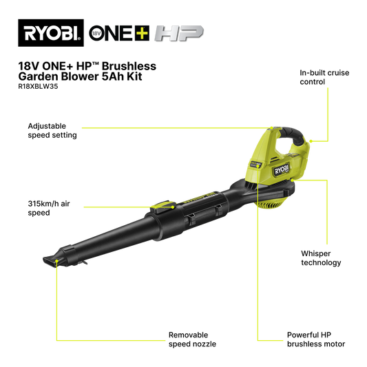 Ryobi 18V ONE+ HP Brushless Garden Blower Kit - 5.0Ah Battery - 315km/h Air Speed - Lightweight – view 2
