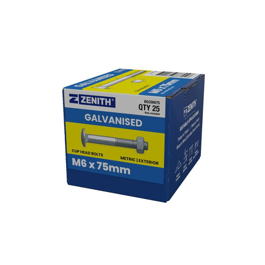 Zenith Hot Dip Galvanised M6 x 75mm Cup Head Bolts Nuts 25 Pack - Auzzistore