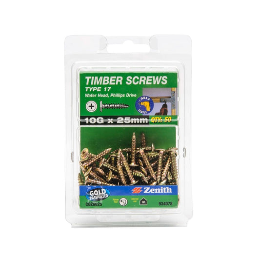 Zenith Timber Screws - 10g x 25mm - Gold Passivated - 50 Pack - Auzzistore