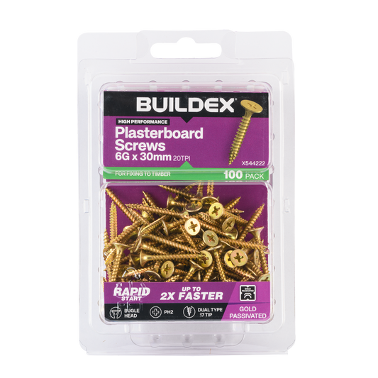 Buildex Plasterboard Screws - 6g x 30mm Gold Passivated - Dual Type 17 Tip - 100 Pack - Auzzistore