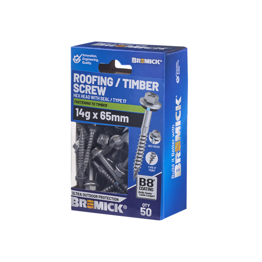 Bremick Hex Roofing Screw 14g x 65mm - 50 Pack - Watertight - Corrosion Resistant - Auzzistore