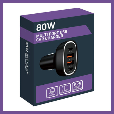 Antsig 80W Multi Port USB Car Charger - 4 Devices - Compact - Black