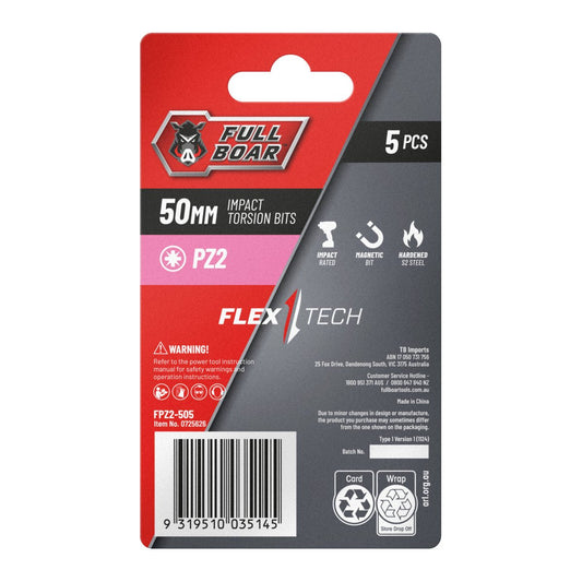 Full Boar Impact Torsion Bit 5 Pack - PZ2 - 50mm - Durable & Precise – view 2 - Auzzistore