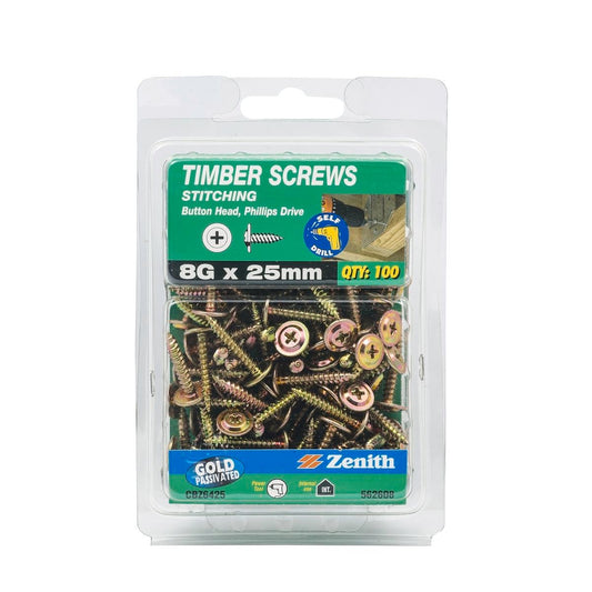Zenith 8g Gold Passivated Button Head Timber Screws 100 Pack - Auzzistore