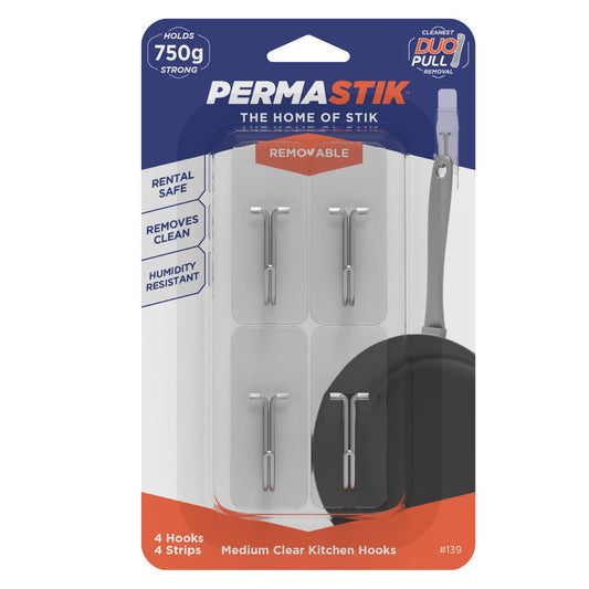Permastik Medium Clear Kitchen Hooks 4 Pack - Holds 750g - 25mm x 20mm x 60mm