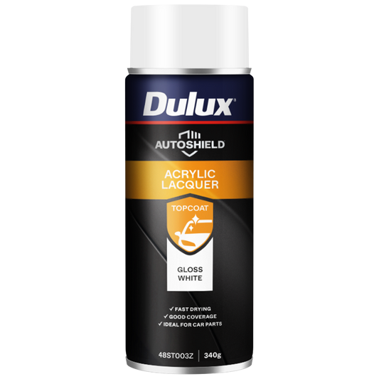 Dulux 340g White Gloss Autoshield Acrylic Lacquer Spray Paint - Fast Drying - Good Adhesion - Auzzistore