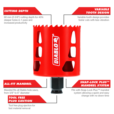 Diablo 65mm Bi Metal Hole Saw - Tool-Free Plug Ejection - Variable Tooth Design
