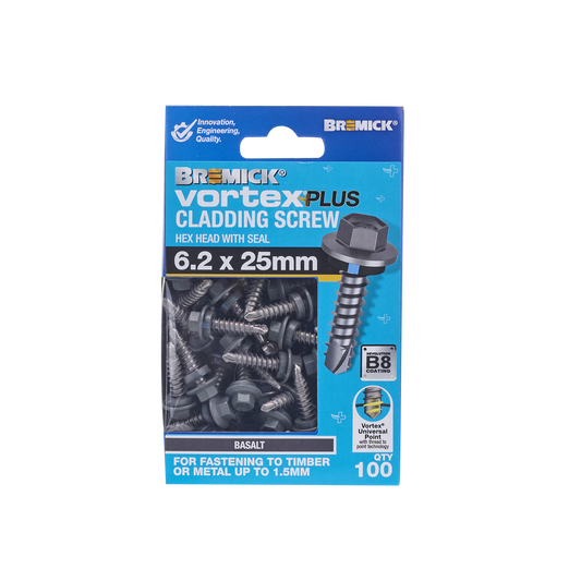 Bremick Vortex Plus Cladding Screw 6.2 x 25mm - 100 Pack - Hex Head - B8 Coating – view 2 - Auzzistore