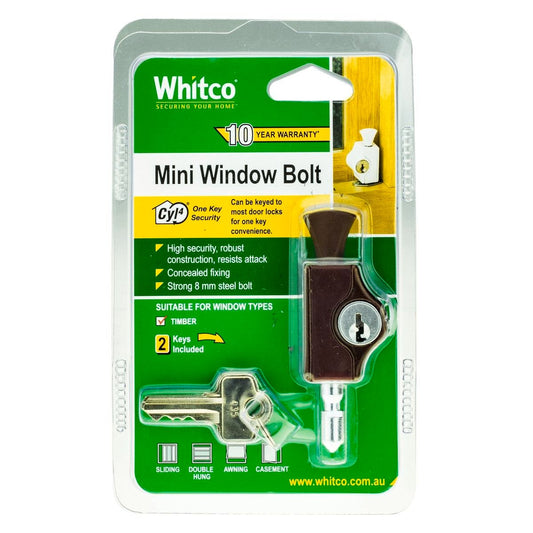 Whitco Mahogany Mini Bolt Lock - High Security Window Lock - CYL4 - Auzzistore