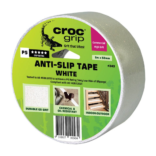 Croc Grip Anti Slip Tape 5m x 50mm White 60-Grit Durable Adhesive - Auzzistore