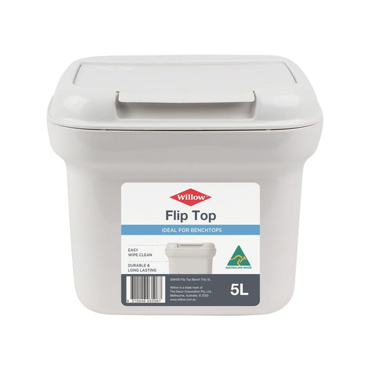 Willow 5L White Charcoal Flip Top Bench Tidy - Compact Polypropylene - Easy Clean - Auzzistore