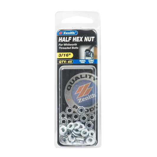 Zenith Hex Half Nuts - 3/16" - 45 Pack - Zinc Plated - Internal Use - Auzzistore