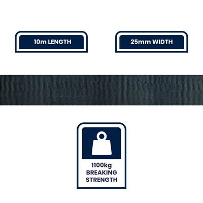Grunt 25mm x 10m Heavy Duty Black Polyester Webbing - Strong - Pliable - 1100kg Breaking Strength
