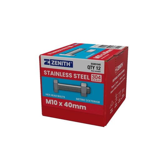 Zenith Stainless Steel 304 Grade Hex Head Bolts and Nuts 12 Pack - M10 x 40mm - Durable Fastening Solutions - Auzzistore