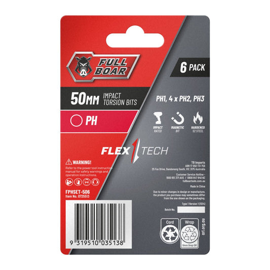 Full Boar Impact Torsion Bit Set - PH x 50mm - 6 Pack - Durable S2 Steel – view 2 - Auzzistore