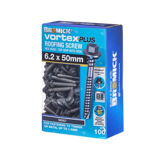 Bremick Vortex Plus Roofing Screw 6.2 x 50mm - Hex Head - Box of 100 - Watertight Connection - Auzzistore