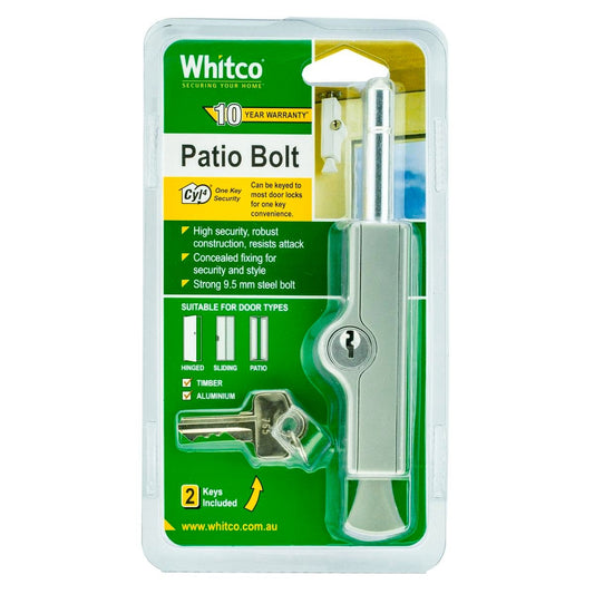 Whitco Silver Cyl4 Patio Bolt - 21mm Solid Zinc - High Security Design - Auzzistore
