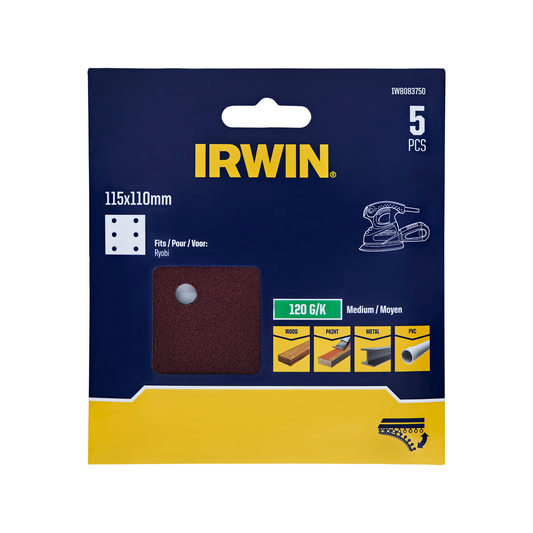 Irwin 115 x 110mm 120 Grit Sanding Sheets 5 Pack - Aluminium Oxide - 6 Holes - Auzzistore