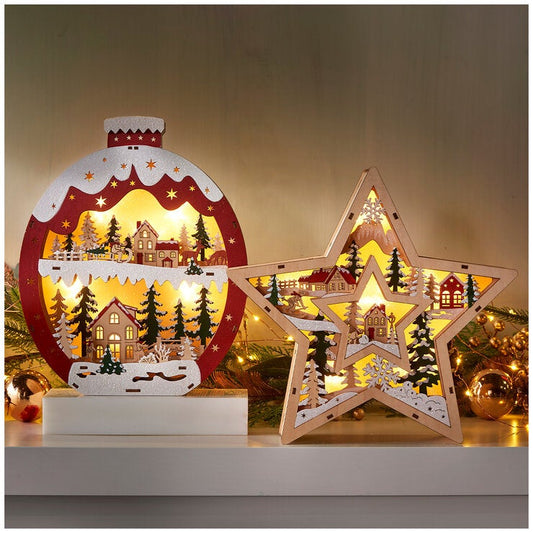 Wooden Holiday Ornament and Star Icon Set 2 Piece with Integrated LED Lights — image 2