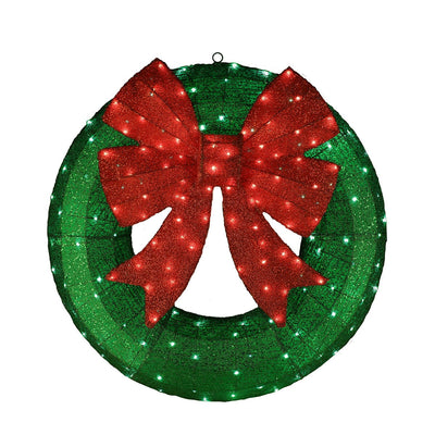 LED Green Christmas Wreath With Red Bow 90.5cm 150 Twinkling Lights Indoor Outdoor Weather Resistant