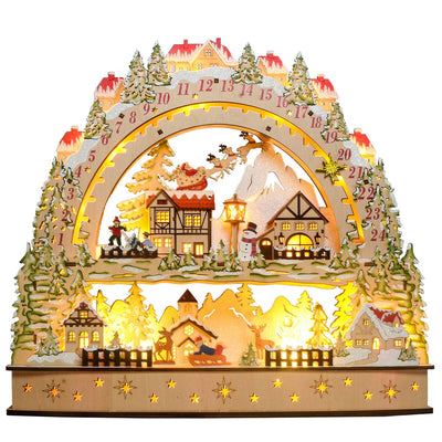 Wooden LED Advent Christmas Calendar with Alpine Village Scene, Sliding Star Countdown and Timer
