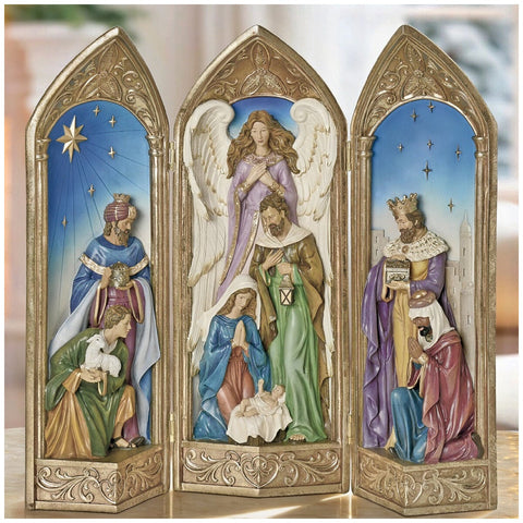 Nativity Scene Tri-Fold Tabletop Display 40.6cm, Hand-Painted Resin with Gold Backdrop