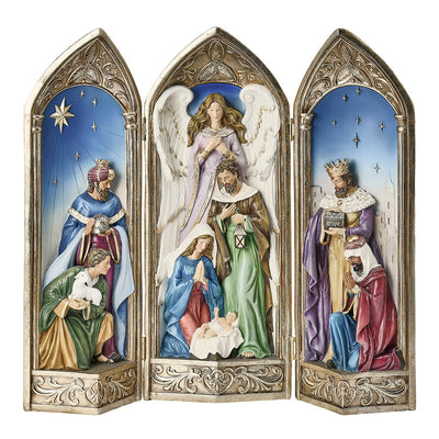 Nativity Scene Tri-Fold Tabletop Display 40.6cm, Hand-Painted Resin with Gold Backdrop