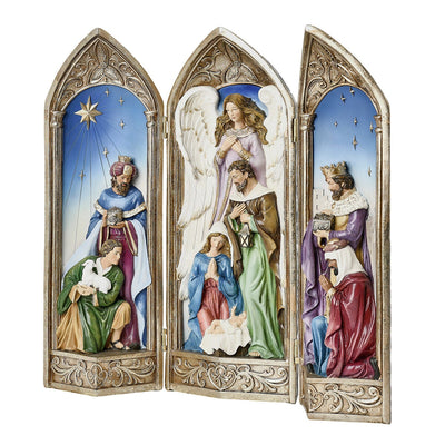 Nativity Scene Tri-Fold Tabletop Display 40.6cm, Hand-Painted Resin with Gold Backdrop