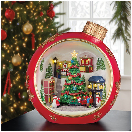 Winter Scene Ornament with Animation and Music 38.8cm, Rotating Train and LED Lit Village Bauble