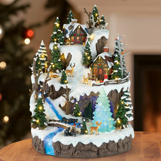 Snowy Woodland Village Holiday Figurine 47cm with Rotating Christmas Tree, Lights and 8 Songs