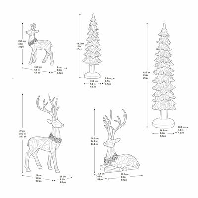 Deer and Trees 5 Piece Holiday Statue Set Hand-Painted Resin Woodland Christmas Figurines