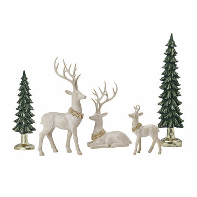 Deer and Trees 5 Piece Holiday Statue Set Hand-Painted Resin Woodland Christmas Figurines