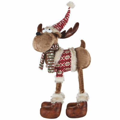 Standing Moose Christmas Statue 86.3cm Plush Figure with Knit Sweater, Scarf and Faux Fur Trim