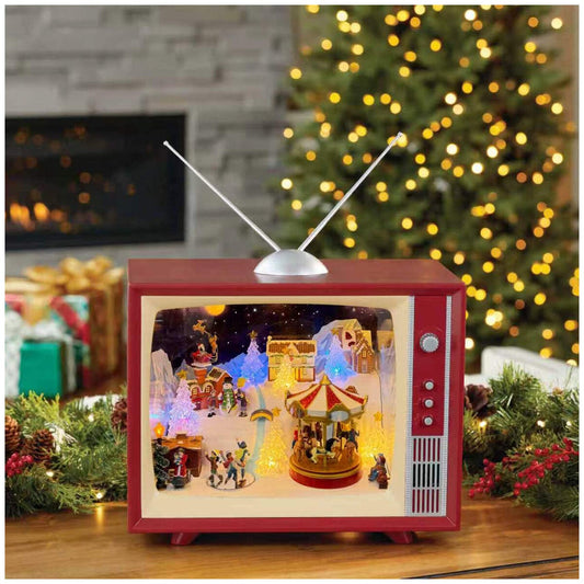 Animated Retro Christmas TV with Music 45.7cm, 9 Carols and 22 LED Lights, Vintage Decoration